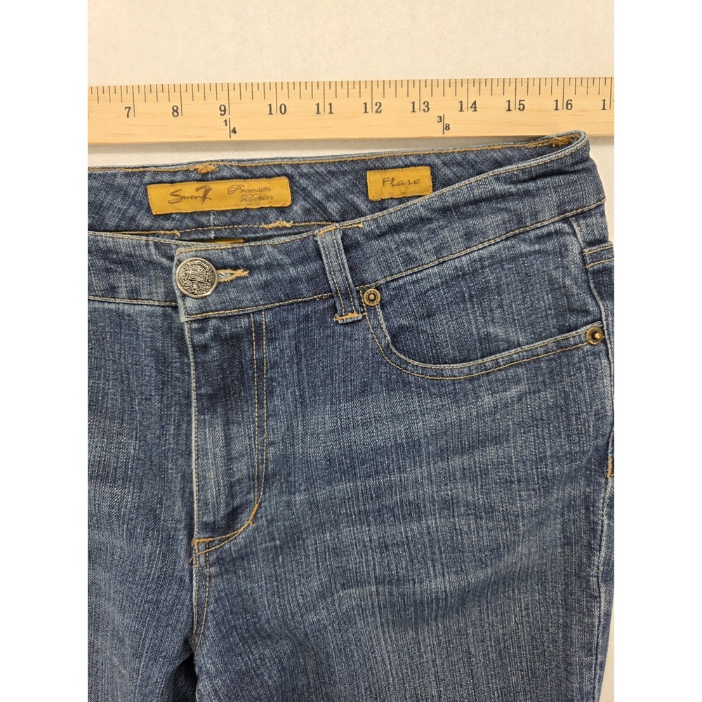 Seven7 Flare Jeans Womens 10 32x30 Medium Wash Mid Rise Stretch Whiskered Denim - Picture 2 of 10